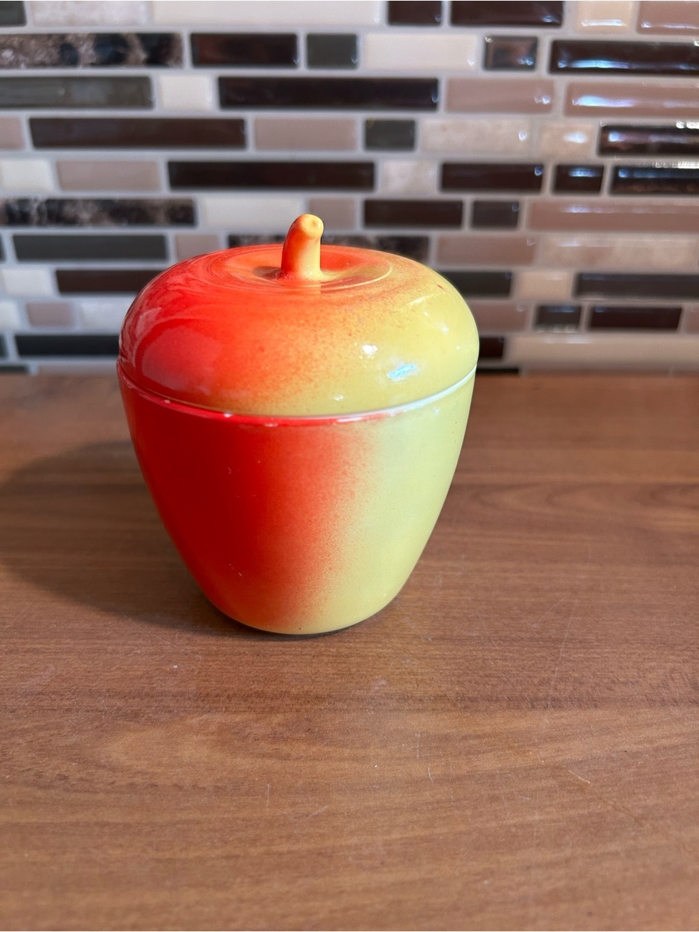 Vintage Hazel Atlas Apple-Shaped Ceramic Jam Jelly Jar in Red and Yellow